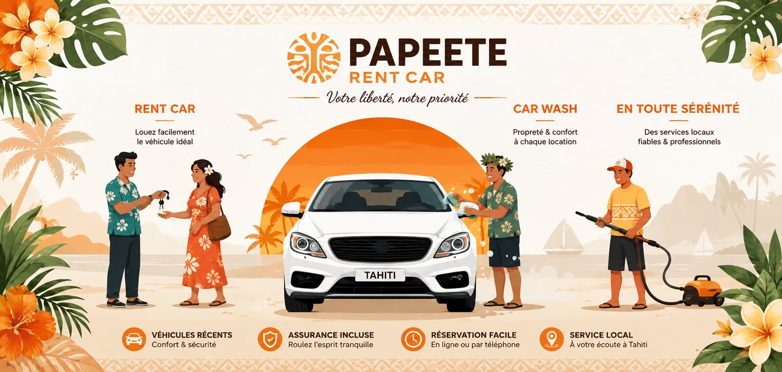Bannière Papeete Rent Car : location, car wash et services locaux — véhicules récents, assurance incluse, réservation facile