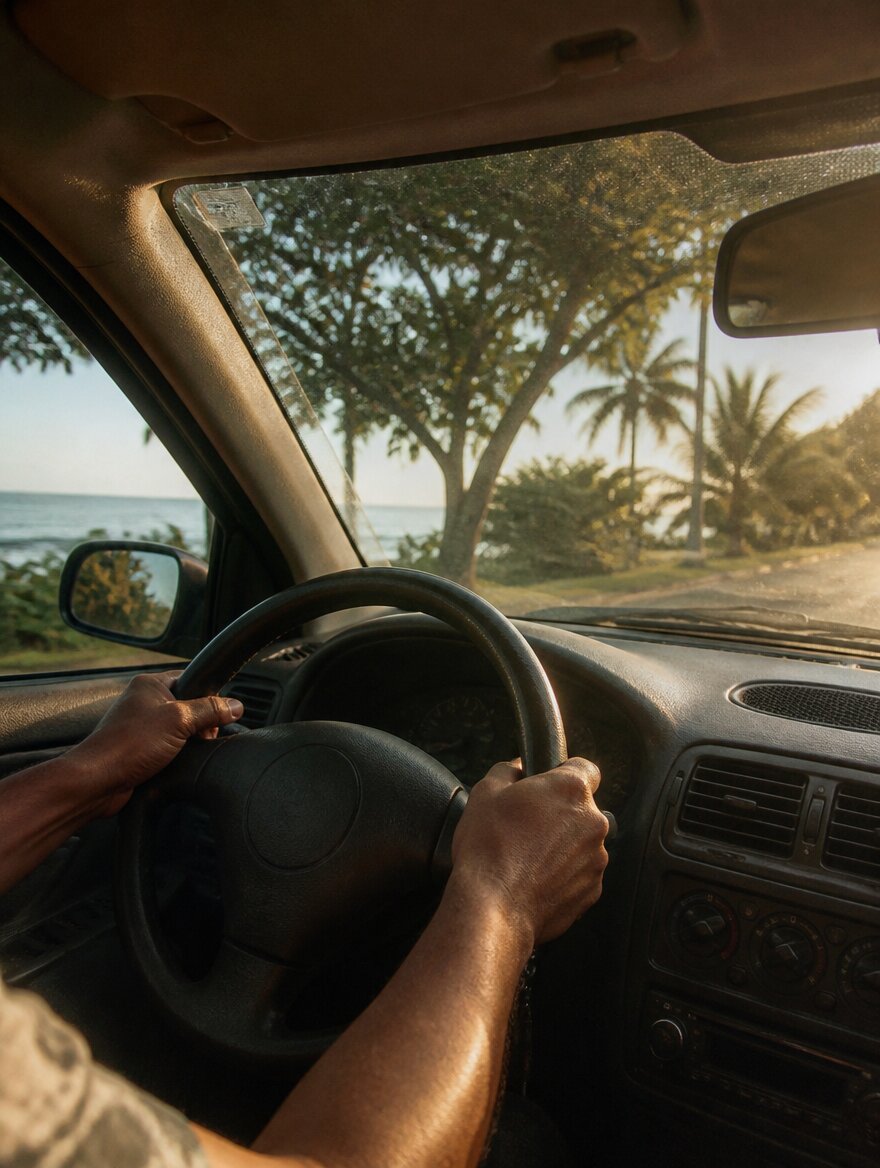 Conducteur au volant sur la route côtière de Tahiti